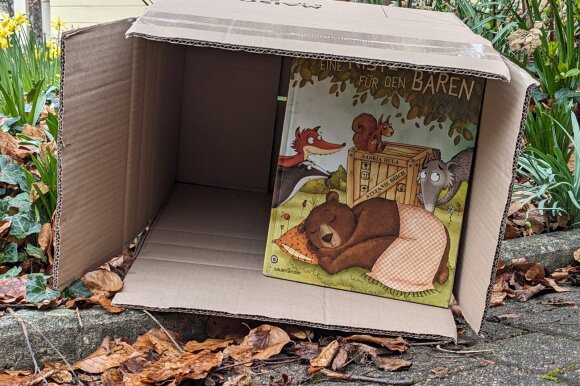 Bilderbuch mit schlafendem Bären auf dem Cover in einem Karton, der in der Natur steht.